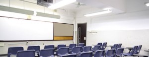 Classroom with overhead lighting and projector